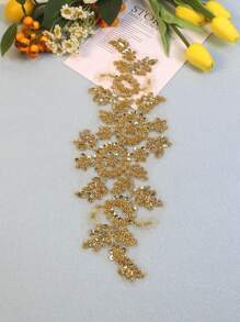 全新经典刺绣蕾丝珍珠水晶网眼面料 DIY 服装配饰，长度：27-36 厘米，宽度：11-15 厘米 - 金色 - 查看 4