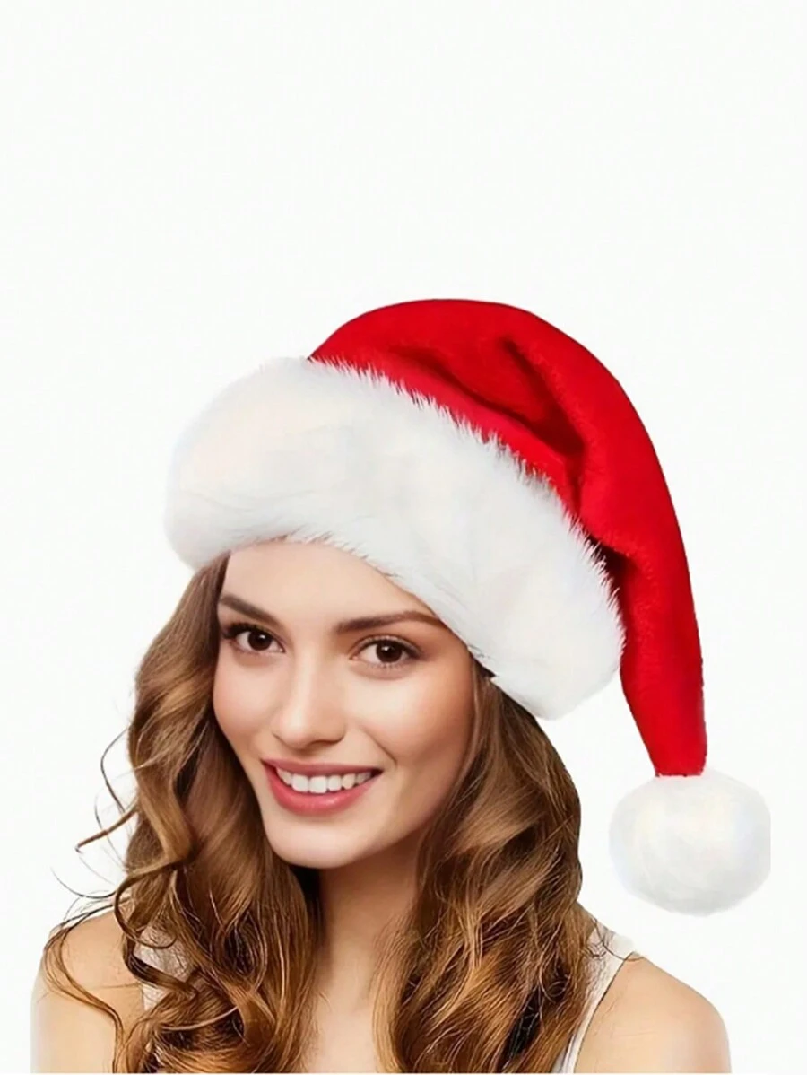 1pcA Thickened Double Plush Santa Hat Fits All Bohemian Party Styles - Red and White - View 1