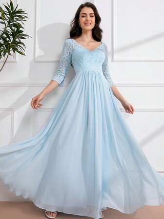 French Romantic V-Neck Lace Dress, Wedding Event Dress