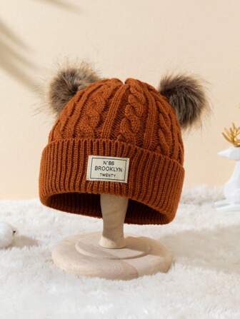 1 件女士保暖针织无檐小便帽，带双绒球，厚纱线衬里耳罩帽，可爱冬帽