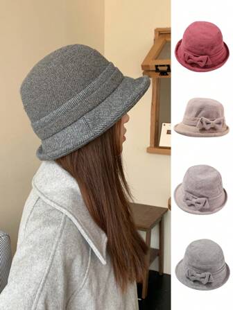 1 件纯色休闲优雅涤纶蝴蝶装饰渔夫帽，秋冬