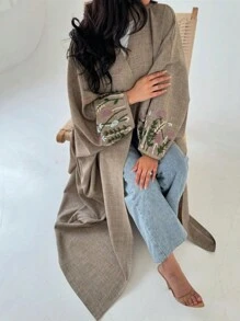 1 件女士亚麻长款刺绣碎花长袍连衣裙，迪拜风格端庄长款开衫，带蝙蝠袖，柔软缎面，适合日常、派对、休闲穿着 - 卡其色 - 查看 4