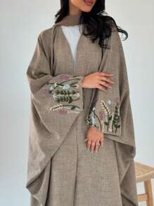 1 件女士亚麻长款刺绣碎花长袍连衣裙，迪拜风格端庄长款开衫，带蝙蝠袖，柔软缎面，适合日常、派对、休闲穿着 - 卡其色 - 查看 1