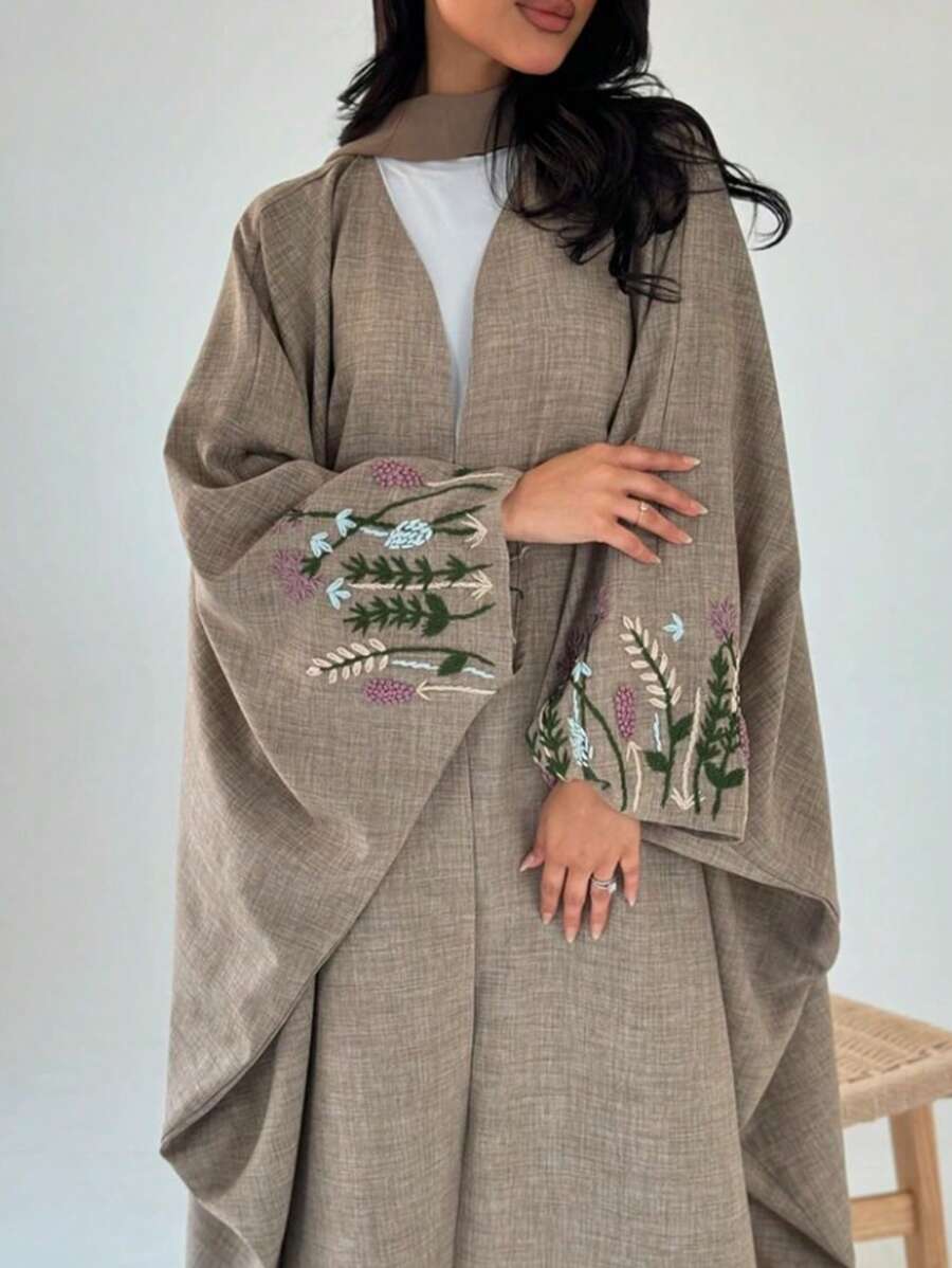 1 件女士亚麻长款刺绣碎花长袍连衣裙，迪拜风格端庄长款开衫，带蝙蝠袖，柔软缎面，适合日常、派对、休闲穿着 - 卡其色 - 查看 1