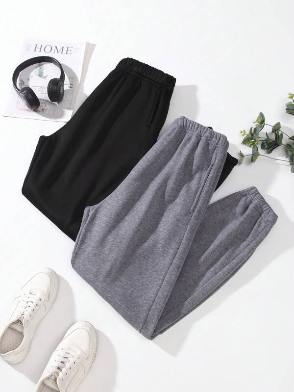 2 peças/conjunto de calças esportivas femininas com forro térmico e cor sólida, amarradas no tornozelo, outono/inverno