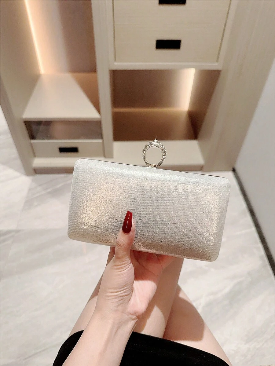 1 件时尚简约盒形晚装手拿包，奢华皮革派对手提包，欧美女士高端礼服包，水钻装饰派对包，浪漫婚礼新娘钱包，链条单肩斜挎包 - 銀色 - 查看 1