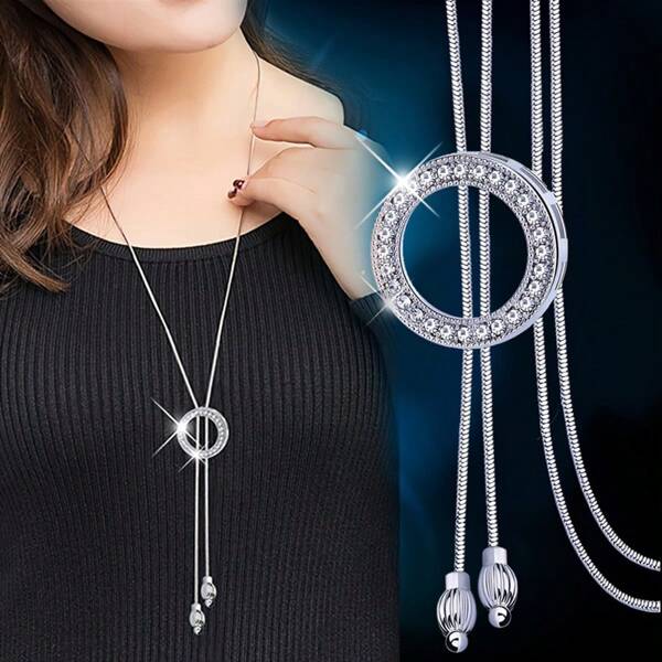 1pc Fashion Rhinestone Geometric Circle Shape Long Necklace, Sweater Chain