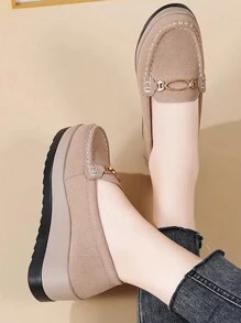 نساء أحذية لوفرز بنعل سميك ملائمة ، أحذية موكاسينز كاجوال مريحة ، مناسبة للربيع والخريف والشتاء - كاكي - مشاهدة 2