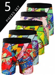 5 chiếc quần đùi nam dài họa tiết thời trang, quần bơi dài thoáng khí và co giãn theo phong cách Graffiti, quần đùi thể thao, đồ lót nam mới lạ, quần đùi đạp xe - Nhiều màu - Xem 2