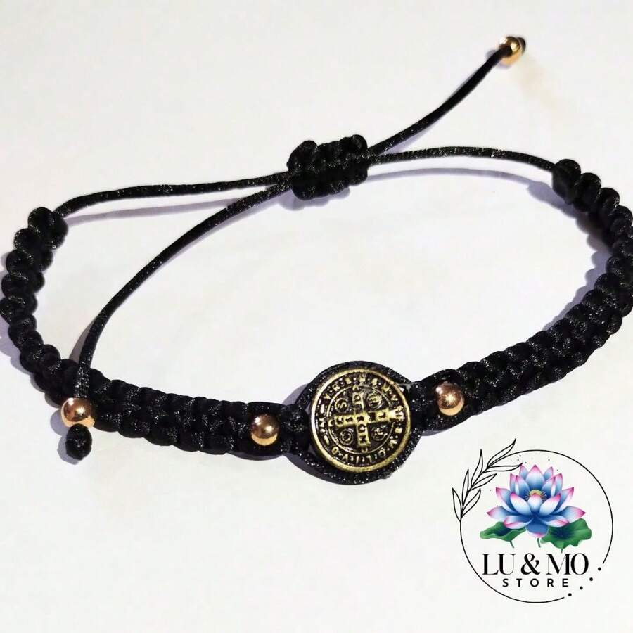 St. Benedict Medal Bracelet In Adjustable Macramé Protection Faith And Prayer Against Envy 1 Mm Wire - 黑色 - 查看 1