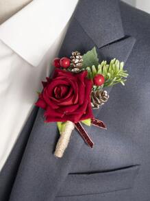 1Pc Boutonniere For Men, Groom Groomsmen Boutonniere, Winter Wedding Artificial Flowers For Wedding Decor/Prom/Homecoming, Etc.Christmas Red Berry - Boutonniere - View 1
