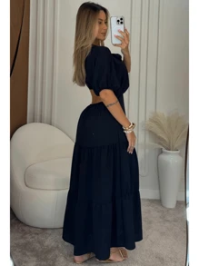 Women's V-Neck Midi Dress Longuette Slit Fashion Blogger - 黑色 - 查看 2