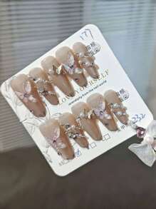 10 Pcs Phototherapy Handmade Butterfly Eye Minimalist Sexy Rhinestone Fake Nails Press On Nails Nail Supplies Nails - Pink - View 4