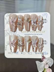 10 Pcs Phototherapy Handmade Butterfly Eye Minimalist Sexy Rhinestone Fake Nails Press On Nails Nail Supplies Nails - Pink - View 5