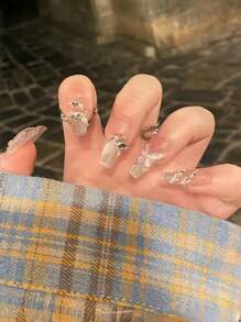 10 Pcs Phototherapy Handmade Butterfly Eye Minimalist Sexy Rhinestone Fake Nails Press On Nails Nail Supplies Nails - Pink - View 3