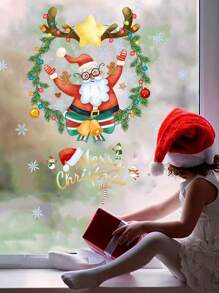 1pc Cartoon Santa Claus Wreath Sticker, Tree Design Glass Window Decals, Holiday Decorative Window Clings Baby Shower Family Decorations Gifts - Multicolor - View 12