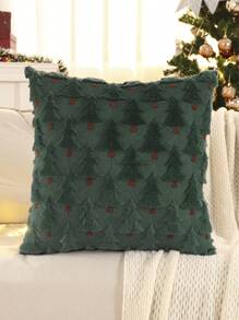 1pc Christmas Tree Quilted Embroidery Cushion Cover, Plush For Christmas Home Decor, Autumn/Winter - Dark Green - View 14
