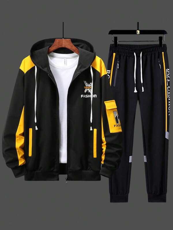 Conjunto Jaqueta e Calça Casuais Versáteis de Blocos de Cores Contrastantes para Homens