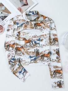 Fiyote Brown Western Mustang Print Hollowed Out High Neck Long Sleeved Top For Spring Clothing - Multicolor - View 5