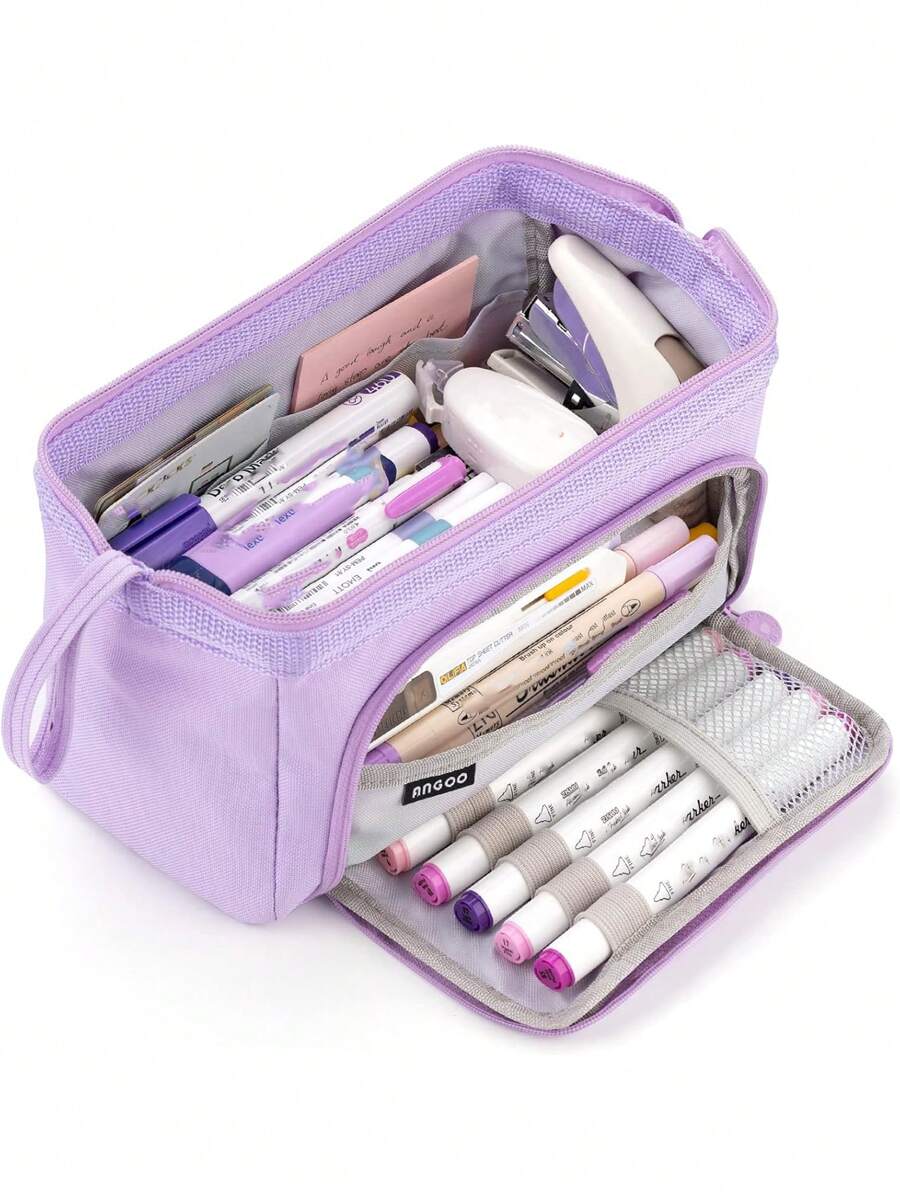1pc Large Capacity Pale Purple Pencil Case With 1pc Random Label,Pencil Pouch,School Bag - Purple - View 1