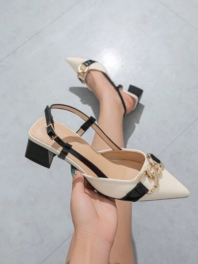 2025秋冬新款女士链条装饰纯色尖头粗跟高跟鞋，优雅百搭，适合日常通勤、户外活动、正式场合，春夏皆宜，黑色工作鞋，优雅时尚，适合派对穿着。