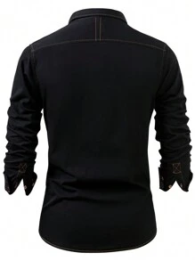 Men's Denim Top Shirt Long-Sleeved Casual Fashion Japanese Retro Plain Fashion New Pocketed Cotton Shirt Jacket - màu đen - Xem 2