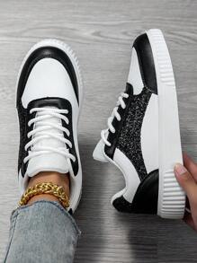 Nuevos zapatos planos de lona de moda para mujer con decoración de lentejuelas en negro y blanco, cómodos tenis de estilo callejero casual