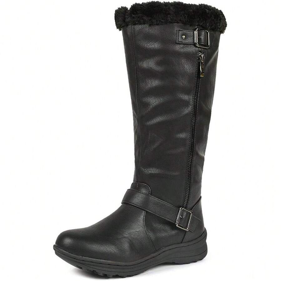 Womens Ladies Knee High Warm Fur Winter Zip Snow Boot Flat Heel Boot Shoes Size - 黑色/PU - 查看 1