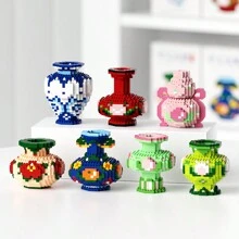 中国风迷你花瓶积木套装，微粒积木玩具，DIY组装玩具积木花束展示家居装饰，新年礼物 - 彩色 - 查看 10