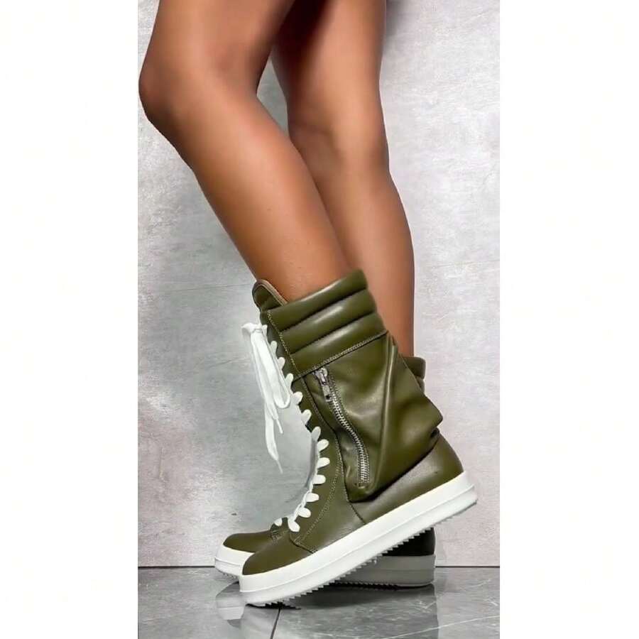 High Top Fashion Sneaker Lace Up Street Shoes With Side Pocket Racer-1 - 橄欖綠 - 查看 1