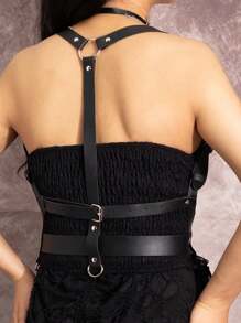 1pc Women's Black Minimalist Waist Belt With Dual Shoulder Straps, Suitable For Commute And Gatherings - Black - View 4
