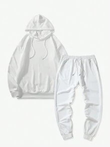 Lonblece Bộ 2 áo nỉ trùm đầu và quần nỉ dệt kim cho nam, trang phục thể thao thường ngày, quần áo mùa thu - trắng - Xem 2