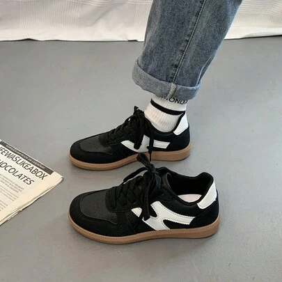 女士多功能时尚休闲鞋，平底系带圆头橡胶底休闲运动鞋，黑卡其色拼接，日常百搭休闲鞋，尺码 35-40