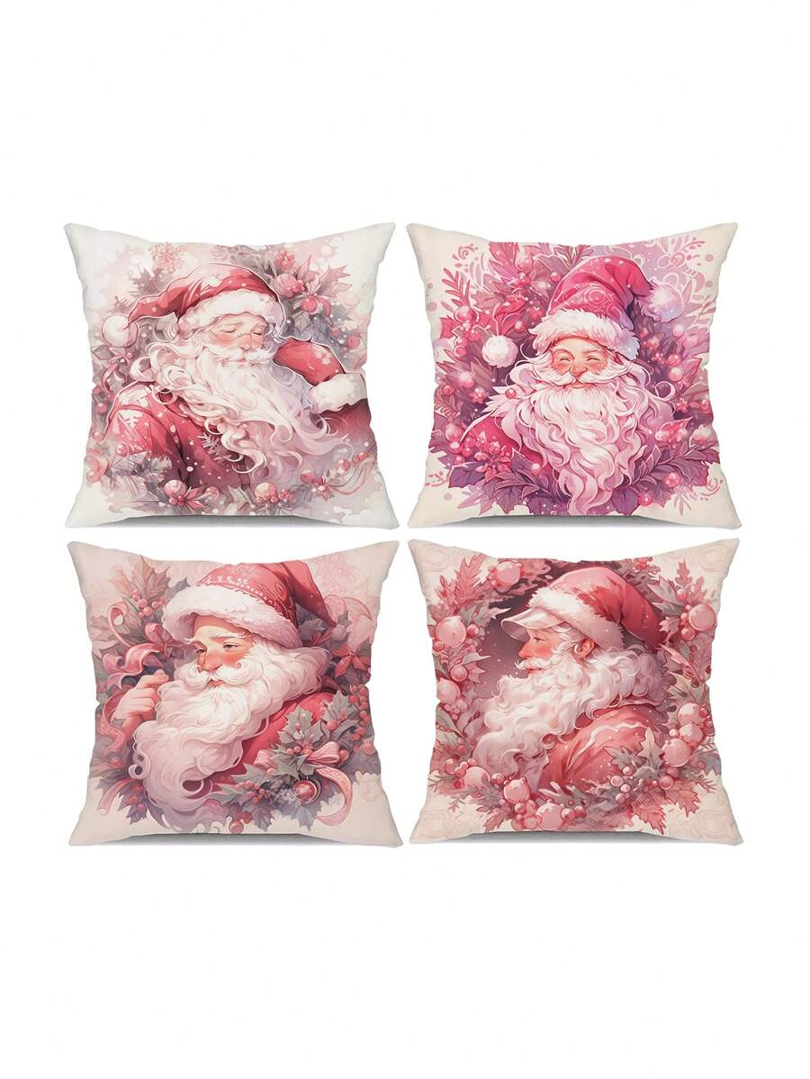4pcs Christmas Color Themed Decorative Throw Pillow Covers, Santa Claus