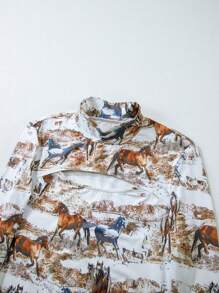 Fiyote Brown Western Mustang Print Hollowed Out High Neck Long Sleeved Top For Spring Clothing - Multicolor - View 7