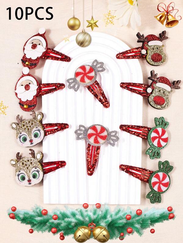 5pcs/10pcs Cute Christmas Waterdrops, Reindeer, Candy, Santa Claus Hair Clips For Girls, Kids, Teens