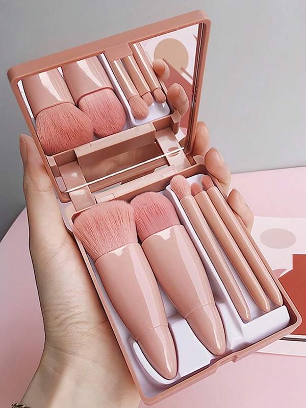 5 In 1 Makeup Brush Set With Mirror Blush Powder Brush Travel Kit Portable Mini Beauty Make Up Tool,5-Piece Portable Makeup