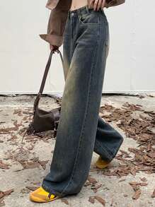 High-Waisted Slimming Vintage Wash Distressed Straight Leg Long Jeans For Women - Blue - View 5