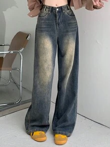 High-Waisted Slimming Vintage Wash Distressed Straight Leg Long Jeans For Women - Blue - View 2