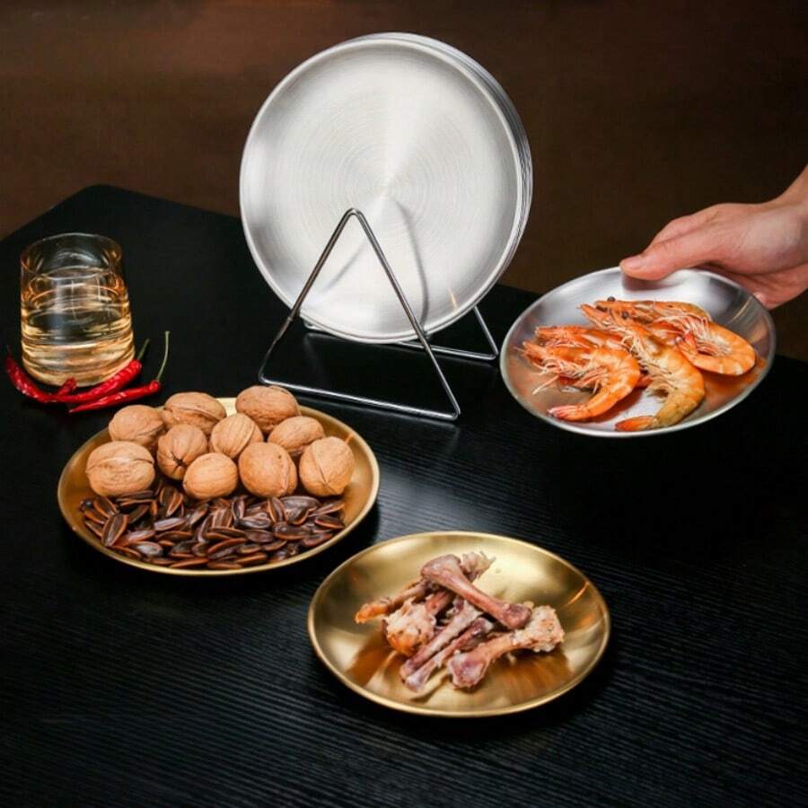 6pcs Korean Style Stainless Steel Plates Set With Rack, Shallow Round