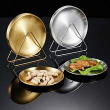 6 pièces Set d'assiettes en acier inoxydable de style coréen avec rack, plat rond peu profond pour barbecue, pot-au-feu, restaurant, assiette à en-cas d'os. Cadeau de Noël, fournitures scolaires