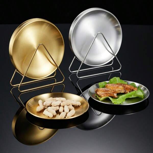 6pcs Korean Style Stainless Steel Plates Set With Rack, Shallow Round Dish For BBQ, Hot Pot, Restaurant, Bone Snack Plate Christmas Gift,School Supplies