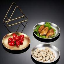 6 pièces Set d'assiettes en acier inoxydable de style coréen avec rack, plat rond peu profond pour barbecue, pot-au-feu, restaurant, assiette à en-cas d'os. Cadeau de Noël, fournitures scolaires