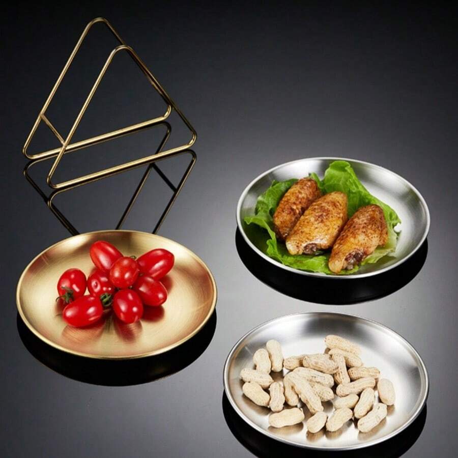 6pcs Korean Style Stainless Steel Plates Set With Rack, Shallow Round