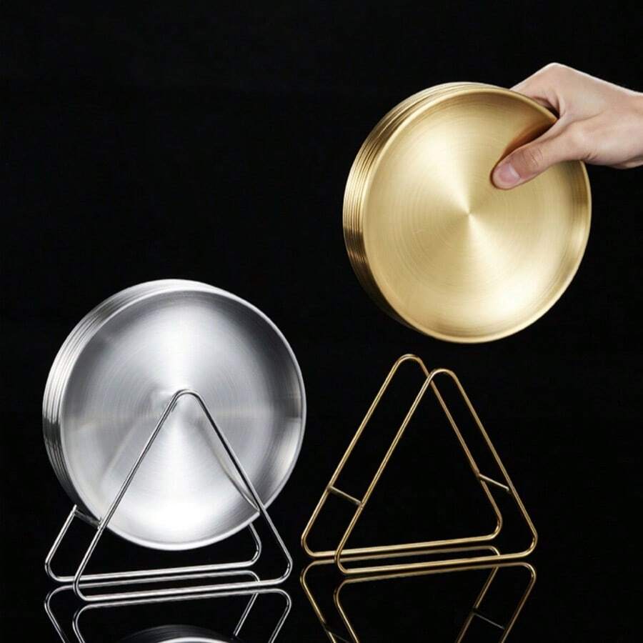 6pcs Korean Style Stainless Steel Plates Set With Rack, Shallow Round