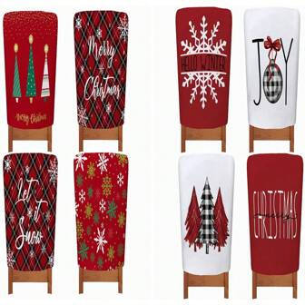 4pcs/Set Non-Woven Fabric Christmas Joyful Chair Covers, Hello Winter Joy Christmas Tree Plaid Red Chair Back Covers