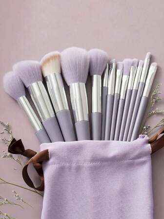 New 13pcs Purple Makeup Brush Set, Portable Style With Blush Brush, Eyeshadow Brush, Powder Brush, Contour Brush, Concealer Brush And Velvet Bag For Collection