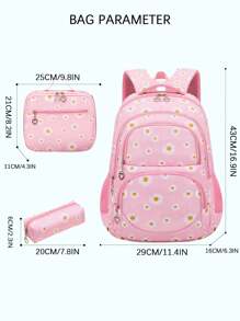 3pcs/Set Backpack Set With Daisy & Flower Pattern, Suitable For Students School Backpack, Lunch Bag, Pencil Case Backpack - Pink - View 3