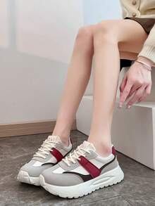 韩版厚底厚底运动鞋，街头时尚学生跑步鞋，男女通用复古经典休闲运动鞋，圆头，透气，舒适系带，平跟，适合所有季节 - 紅色 - 查看 9