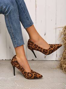 Women's Pointed Toe Leopard Print Stiletto High Heel Shoes, Minimalist & Comfortable For Work, Commute And Casual